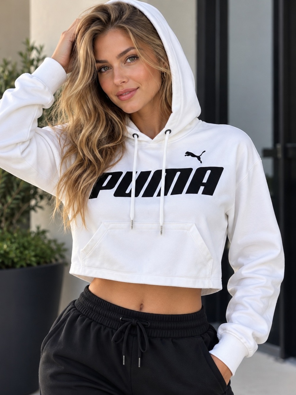 Puma Women's White Cropped Logo Pullover Hoodie Sweatshirt Size XS